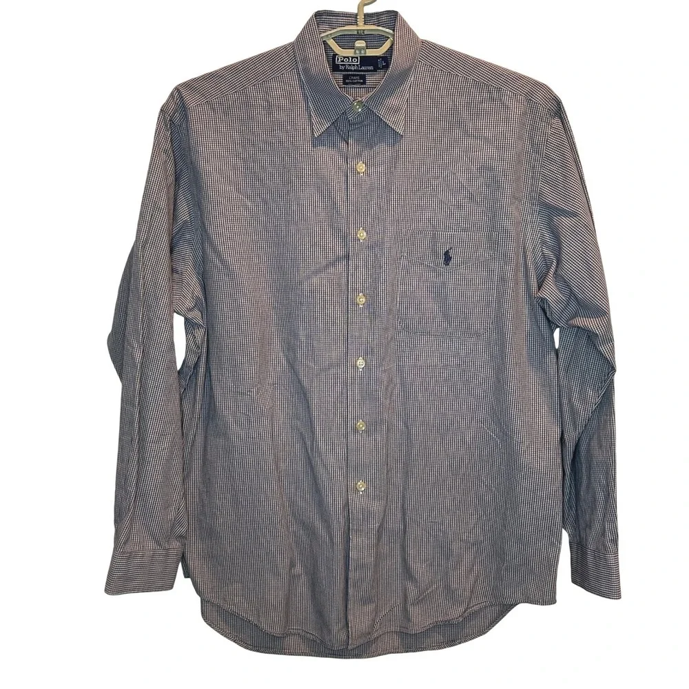 Polo‎ Ralph Lauren Crane Button Down Shirt L Men's Navy Blue Micro Check Cotton